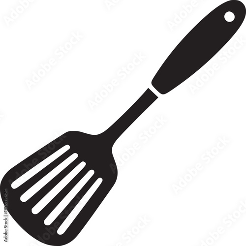 A black spatula with slots and a hole in the handle on a white background in a simple illustration