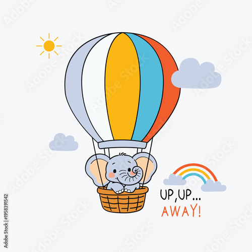 Tableau sur toile Cute Baby Elephant Flying in Hot Air Balloon Illustration