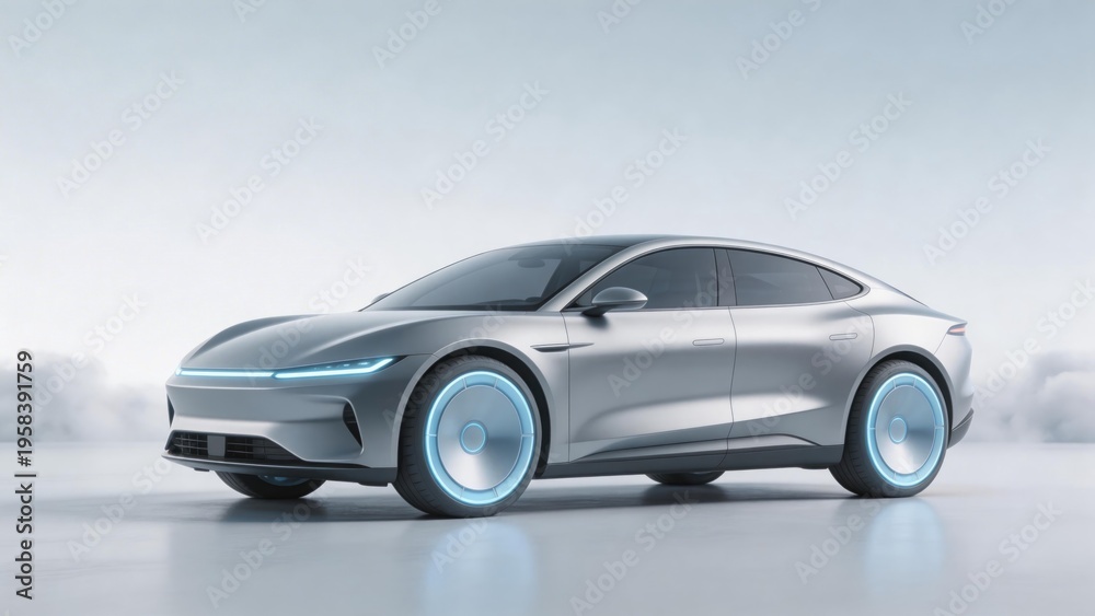 Naklejka premium Futuristic electric car concept with modern autonomous vehicle design on clean background, idea for electric vehicle technology, sustainable transportation and smart mobility