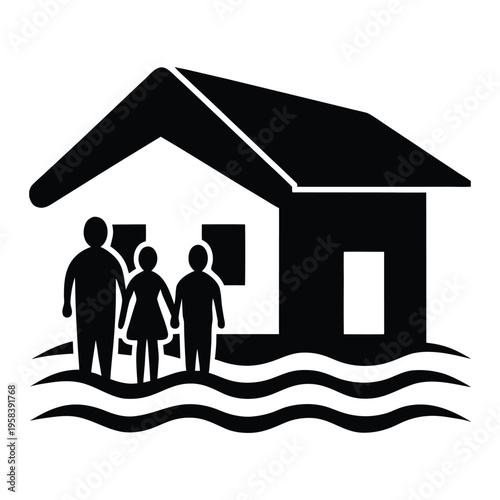 Family standing in front of a flooded house