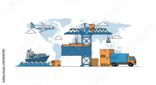 An intricate illustration depicts global logistics with various transportation methods and cargo on a world map background.