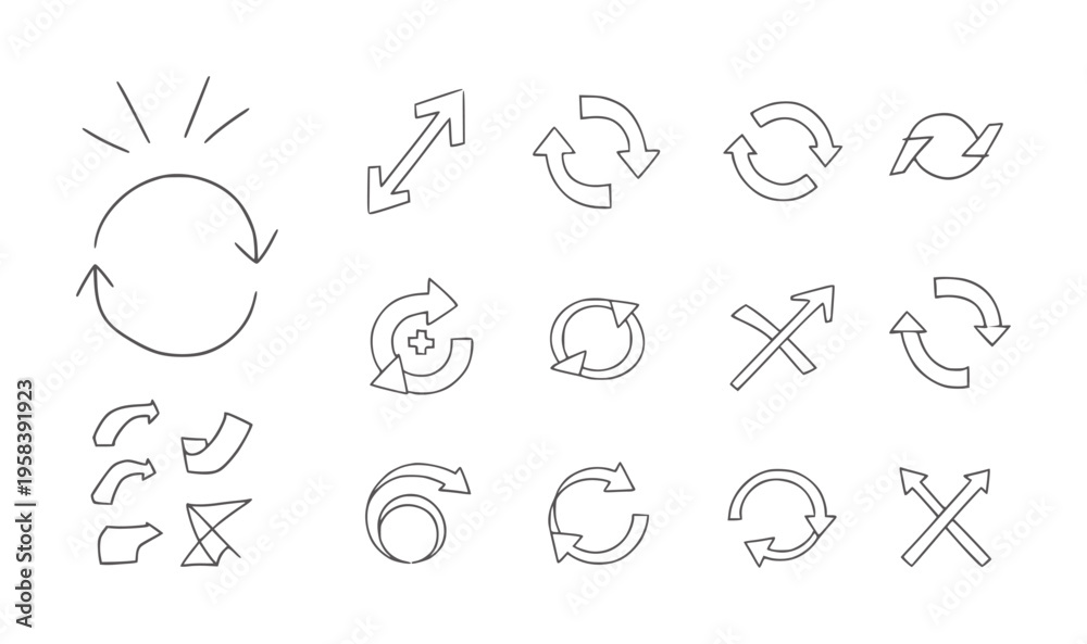Fototapeta premium Collection of hand drawn circular and directional arrow arrows refresh repeat