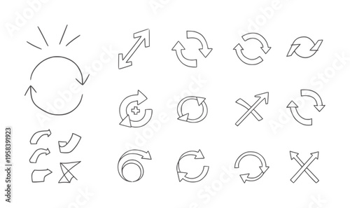 Collection of hand drawn circular and directional arrow arrows refresh repeat