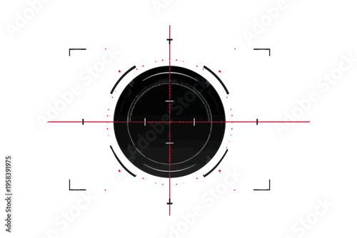 Black camera lens with red centered target focus on white background