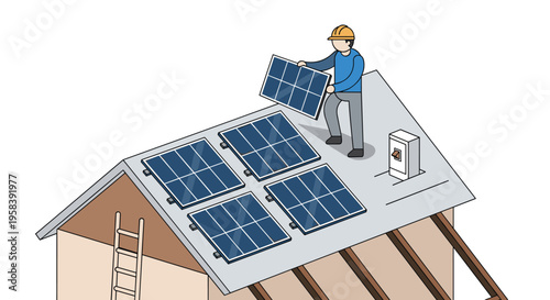A worker in a hard hat installs a solar panel onto a house roof with four already installed panels and a ladder.