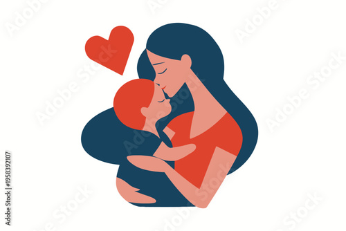 Loving embrace: mother and child in minimalist illustration art with heart symbol