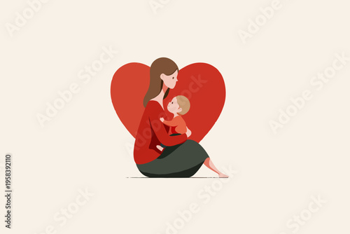 Caucasian female adult and child in heartfelt embrace with red heart background