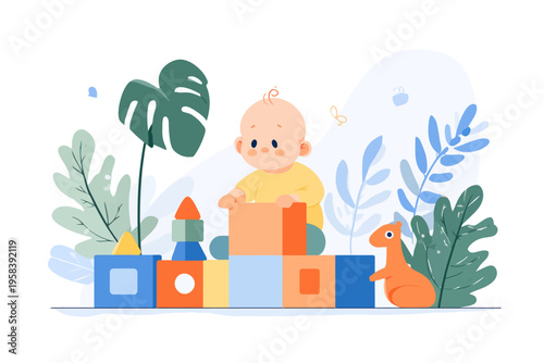 Cute baby playing with colorful blocks in nature-inspired setting