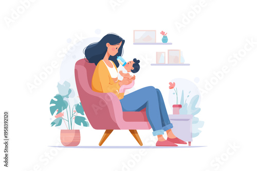 Illustration of asian female adult feeding caucasian baby in cozy room setting