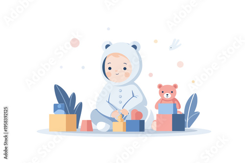 Caucasian child playing with blocks in a cute bear hoodie, surrounded by toys and leaves