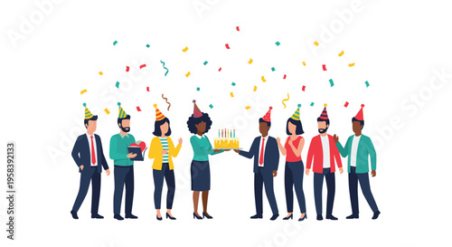 Eight diverse people wearing party hats celebrate a birthday with a cake and falling confetti on a white background.