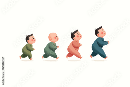 Sequence of asian male toddlers running in colorful pajamas