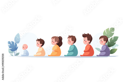 Illustration of child growth stages with diverse children and nature elements