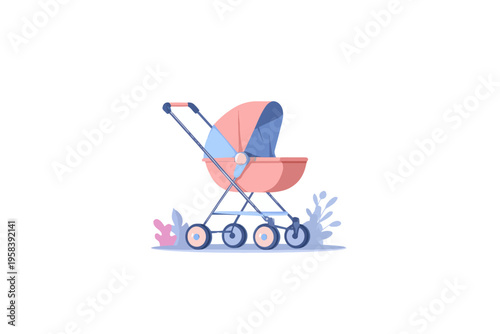 Colorful baby stroller on white background with abstract decor