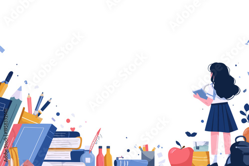 Female student surrounded by books and school supplies in creative study environment