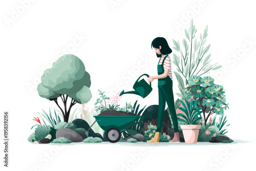 Young asian adult female gardening with watering can in lush green garden