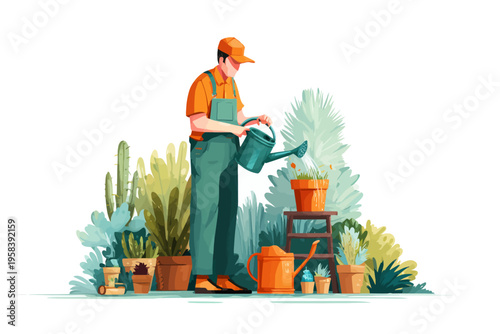 Young caucasian male gardener watering plants in lush garden setting
