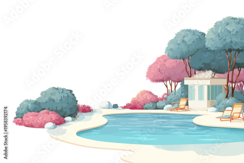 Tranquil poolside retreat with colorful trees and lounge chairs