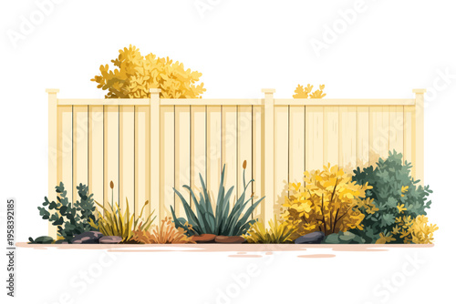 Wooden fence with vibrant autumn foliage and lush greenery