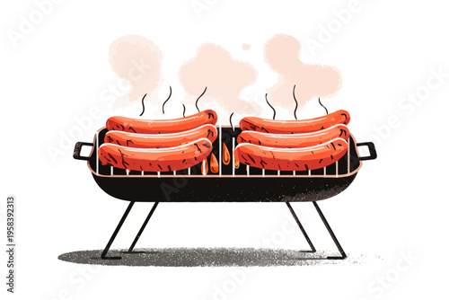 Grilled sausages on charcoal bbq with smoke