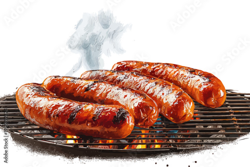 Grilled sausages sizzling on barbecue with flames and smoke