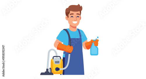 A smiling man in an apron and gloves is holding a spray bottle next to a vacuum cleaner on a white background.