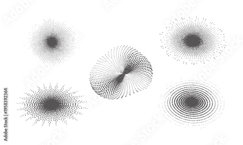 Five dark grey halftone dot patterns radiating outwards and in circles abstract