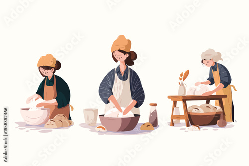 Three women baking bread in kitchen: cooking, mixing, kneading dough