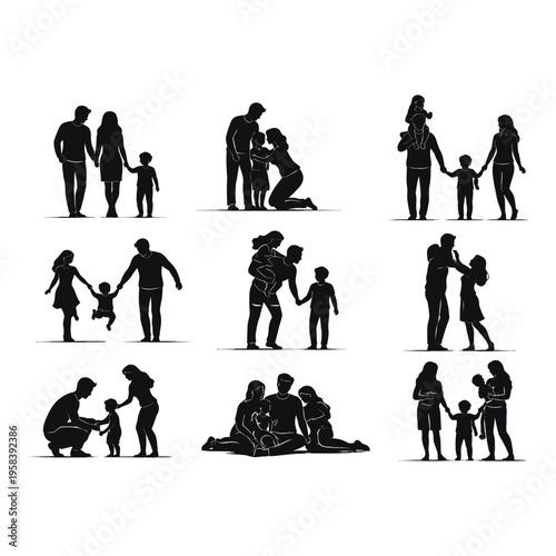 Family Silhouette Set Parents and Children Love Care Vector Collection