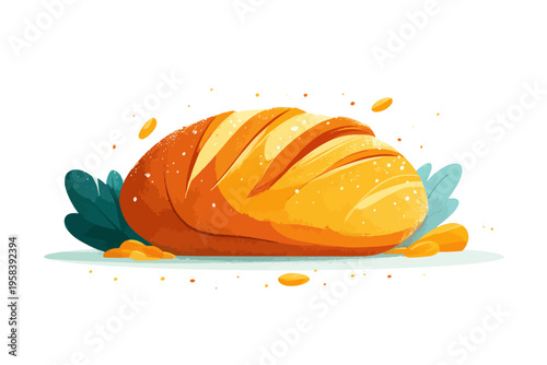 Golden crusty bread loaf surrounded by leaves on white background