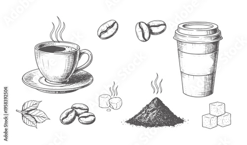 Hand drawn coffee cup beans sugar and leaves white saucer
