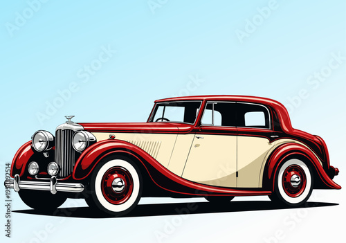Obraz na plátně 075-33-Vintage red and cream car with whitewall tires against a blue background,