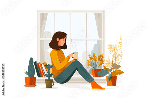 Young caucasian female relaxing by window with coffee and plants on a rainy day
