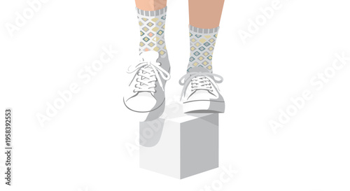 Two feet in white sneakers and patterned socks stand on a white cubic block.