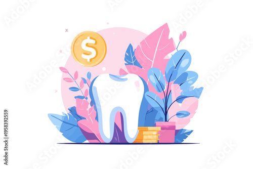 Dental finance concept: tooth with coin and pink-blue foliage