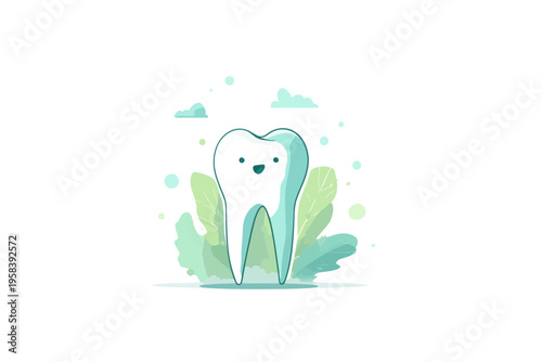 Happy cartoon tooth with leaves and abstract clouds in background