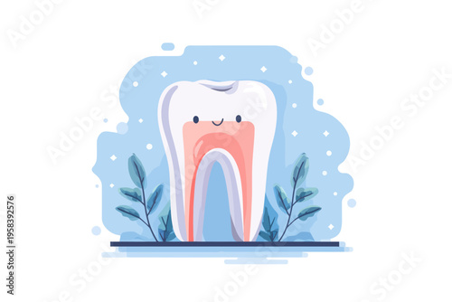 Happy cartoon tooth with cute smile and blue leafy background