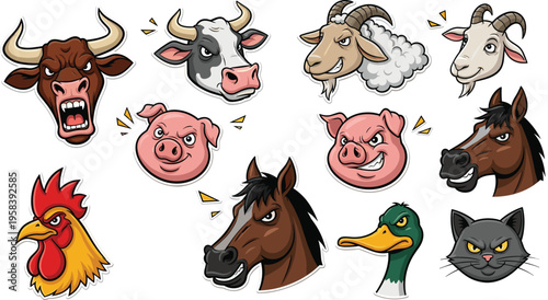 Farm Animal Heads Collection with Cow, Pig, Horse, Duck, Rooster, Goat, and Cat in Cartoon Style for Kids Illustration