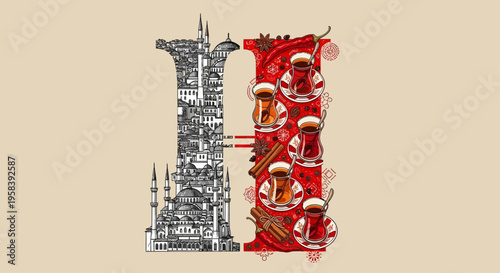 Set of 2 letter I icons, one with cityscape and one with mushrooms, vector