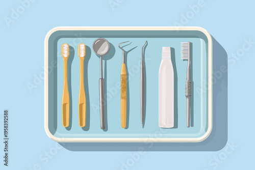 Dental hygiene tools arrangement on blue tray for clean teeth care