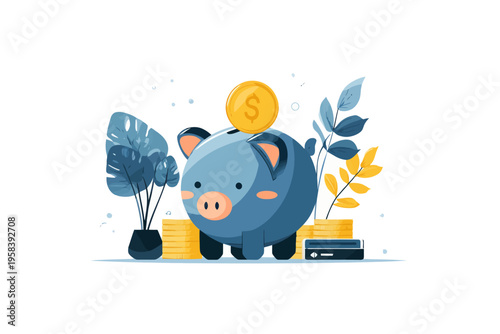 Cute blue piggy bank with gold coins and plants