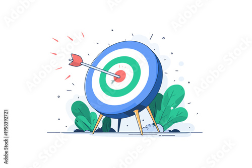 Bullseye achievement: arrow hits center of target in vivid illustration
