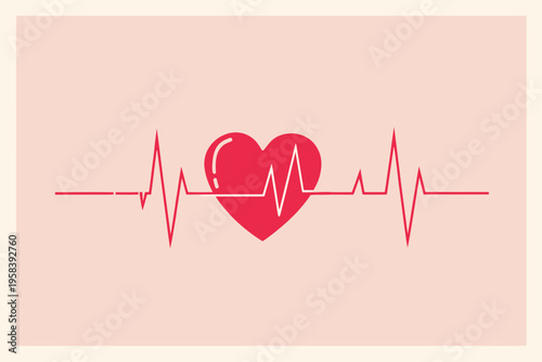 Red heart with ekg line on beige background illustrating cardiac health and vital signs