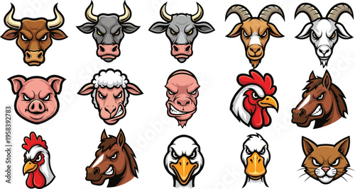 Angry Farm Animal Heads Vector Set Featuring Bull Cow Goat Pig Rooster Horse Eagle Duck and Cat Faces with Expressive Emotions in a Cartoon Style