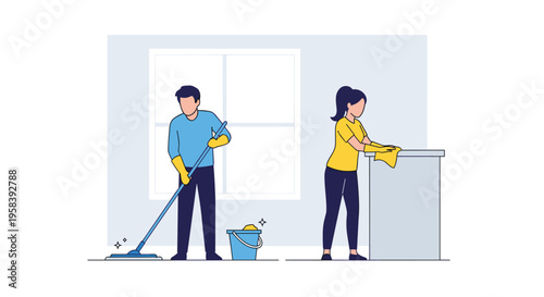 A man mops the floor while a woman wipes a counter in a brightly lit room.