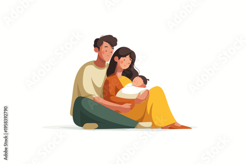 Happy caucasian family with newborn baby - young couple embracing parenthood together