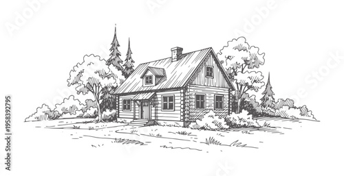 Hand drawn of a rustic log cabin surrounded by trees and foliage house rural