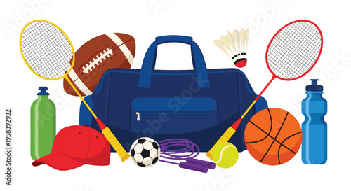 Various sports equipment, including balls, rackets, and a duffel bag, are arranged on a white background.