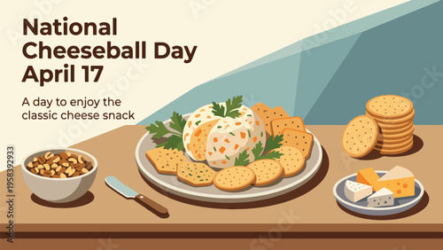 National Cheeseball Day April 17 Elegant Appetizer Display with Herb Coated Cheese Ball Crackers and Serving Elements Modern Flat Illustration for Party Snack Branding