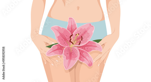 A woman in light blue underwear holds a large pink lily flower over her groin area on a white background.